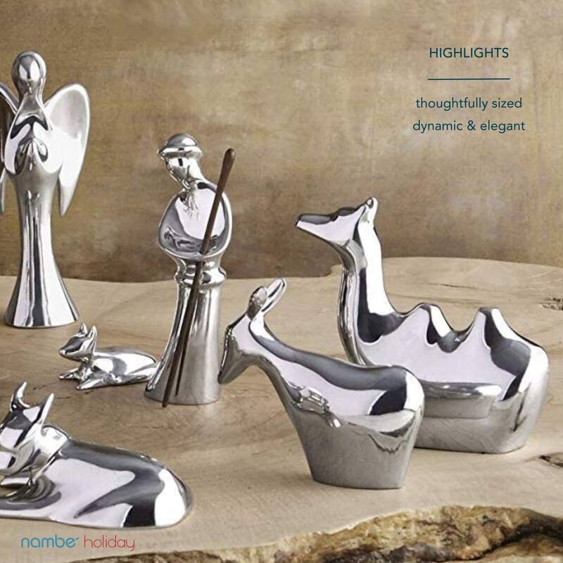 Nambe Miniature Nativity Figurines Shepherd and Lamb - Shepherd: 2” W x 4.5” H Lamb: 2” L x 1” H