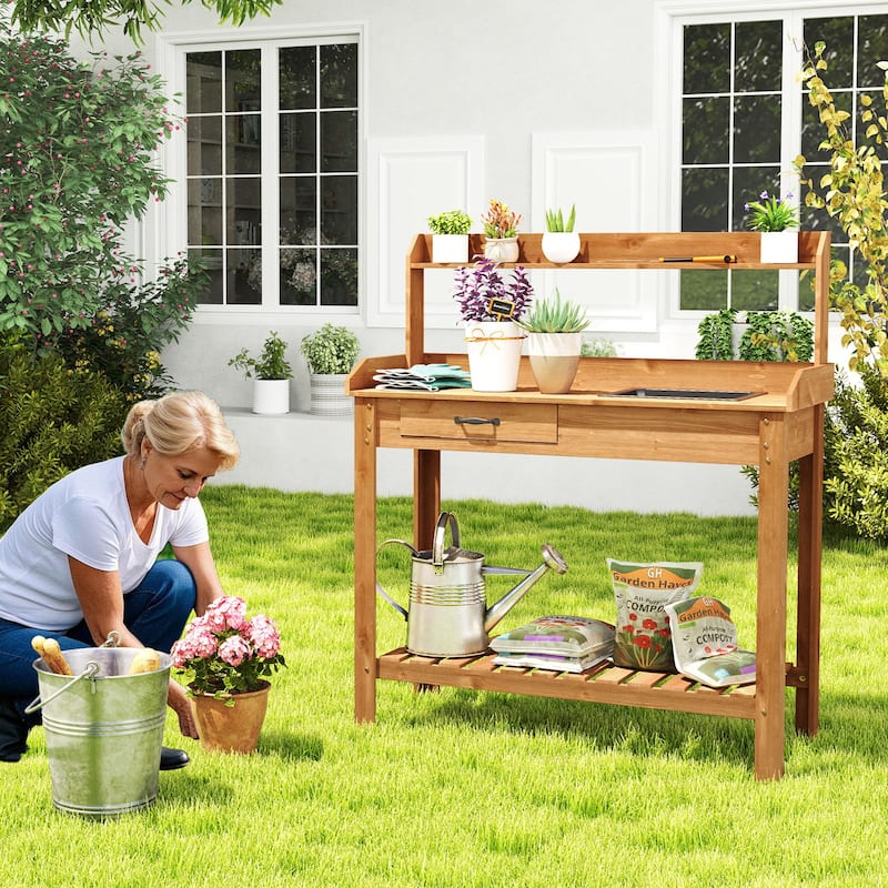 Gymax Potting Bench Outdoor Wooden Garden Table Work Station Solid