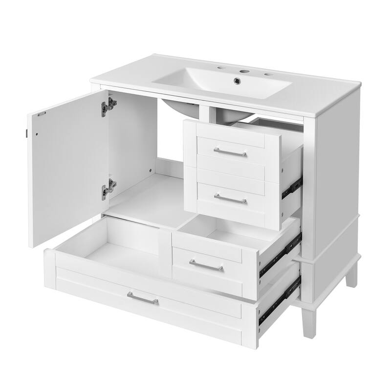 36" Bathroom Vanity with Solid Pine Frame, 1 Soft Close Door and 3 Drawers, Modern Storage Cabinet