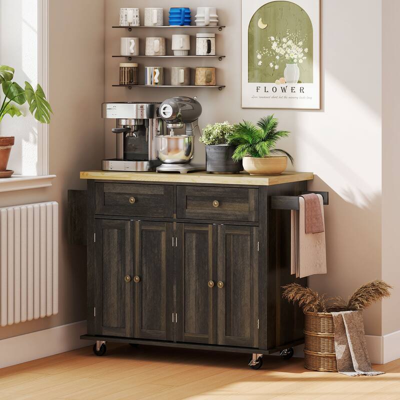 Brown Oak Kitchen Island Cart with Drawers, Cabinets and Casters - 43.75" W x 17.5" D x 32.5" H