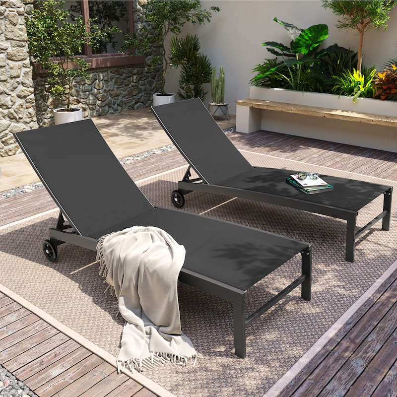Patio Chaise Lounge Chair Adjustable Aluminum Outdoor Recliners with Wheel