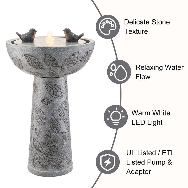 Glitzhome Birdbath Polyresin Outdoor Fountain with Birds, Pump and LED Light
