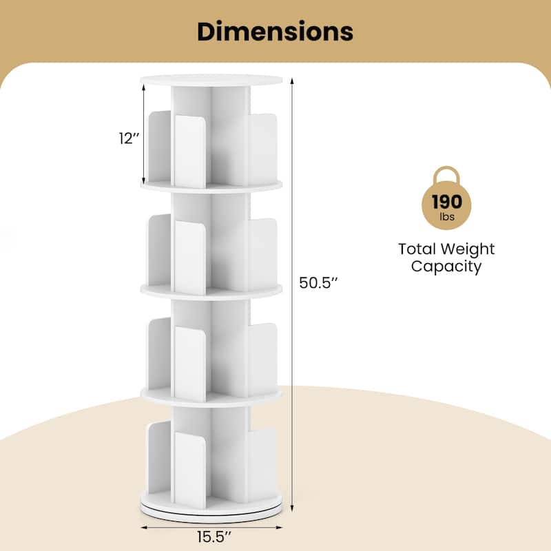 Narrow 4-Tier Rotating Storage Bookshelf with Swivel Display and Dividers for Home and Office - 15.5" x 15.5" x 50.5"