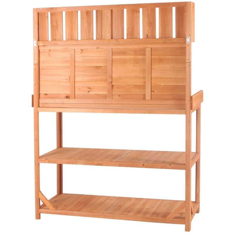 Large Wooden Outdoor Potting Bench Table, Patio Workstation, Garden Potting Bench with 4 Storage Shelves and Side Hook