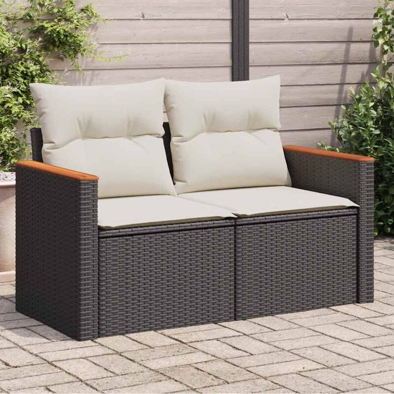 vidaXL Patio Sofa with Cushions Outdoor Seat Modular Sofa 2-Seater Poly Rattan - 24.4 x 48.8 x 27.2 in - Black and white with storage