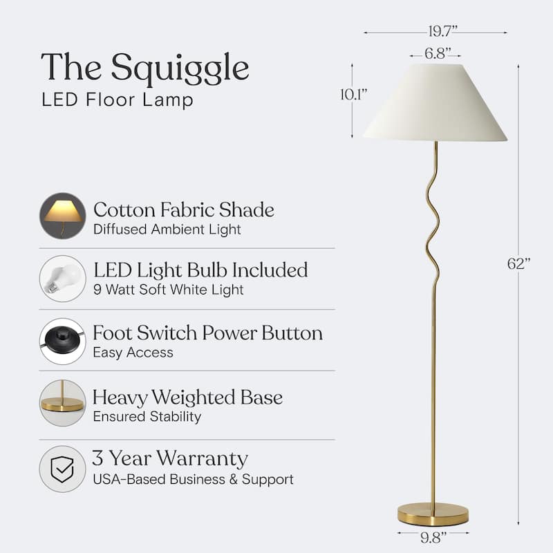 Brightech Squiggle Floor 62.13 in. Antiqued Brass Contemporary Ambient Standing Column Floor Lamp with Ivory Fabric Empire Shade