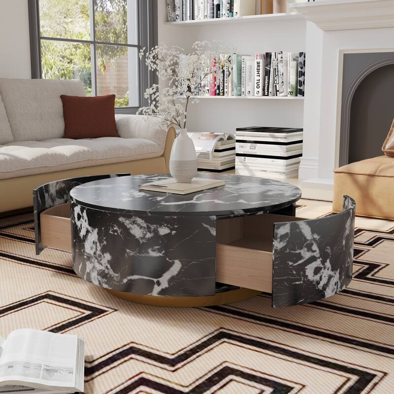 Modern Square Drum Coffee Table, Minimalist Wood Trapezoid Coffee Table with Storage - Black