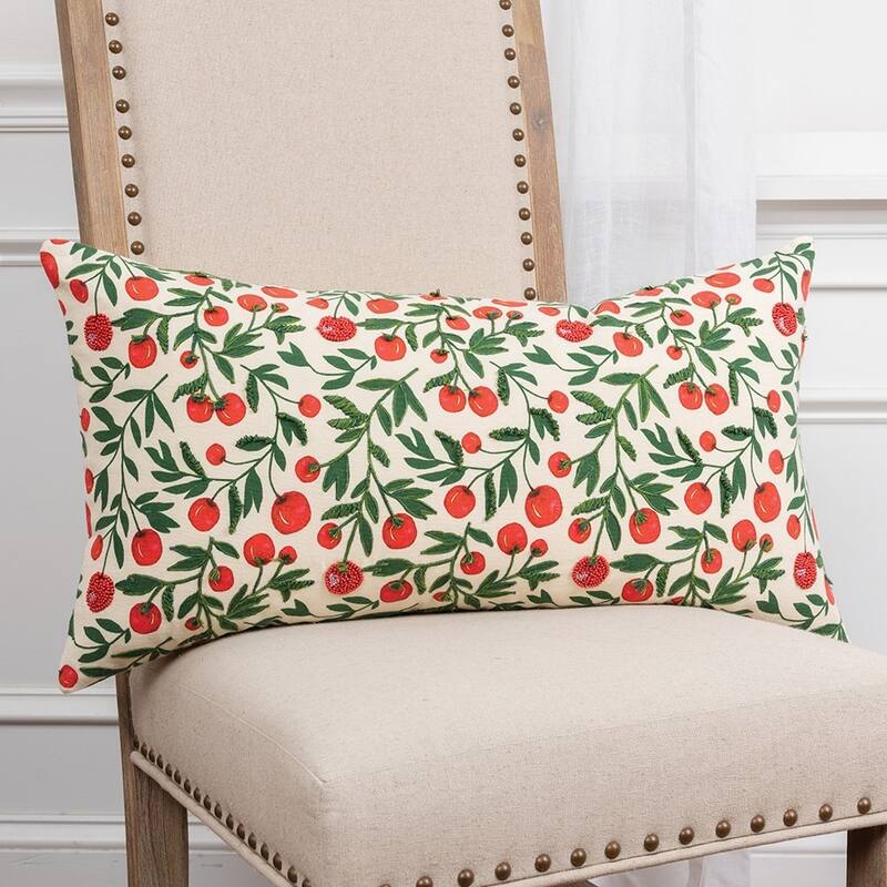 HomeRoots Red Green Cherry Tree Printed Lumbar Pillow