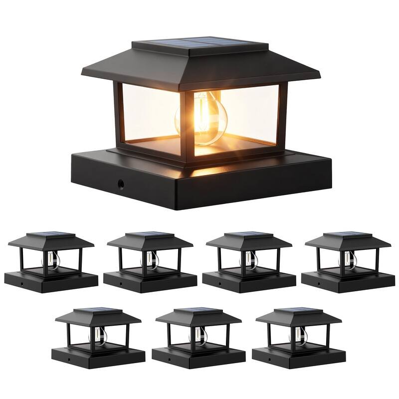 Solar 4x4 Post Cap Light with Warm White Tungsten Bulb, Waterproof Deck Fence Light, Black - 8Pack