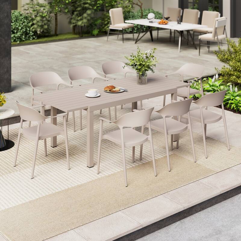 Outdoor Dining Set 9-Piece Stackable Plastic Lightweight Curved Backrest Armchair and Extendable Dining Table