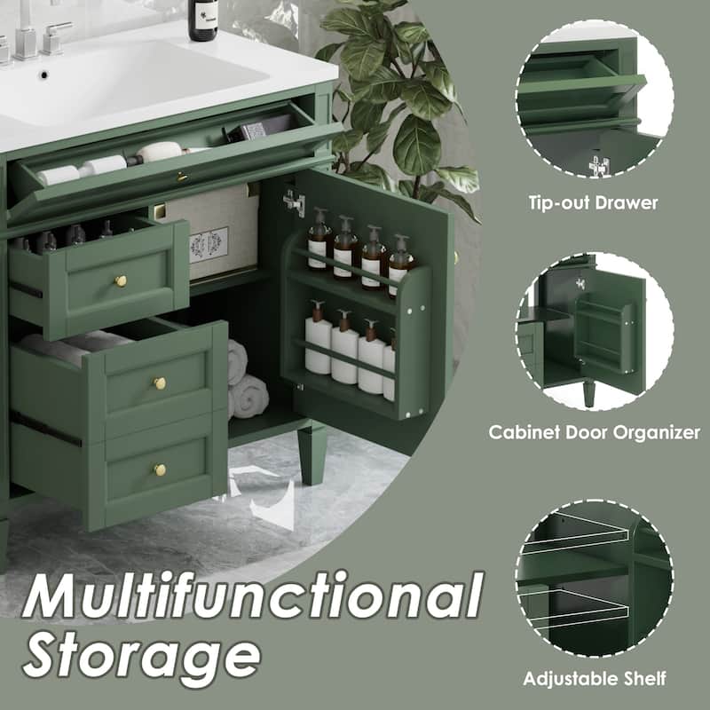 36 Inch Bathroom Vanity with Top Sink, Tip-Out Drawer, Soft Close Doors, Freestanding Cabinet for Storage