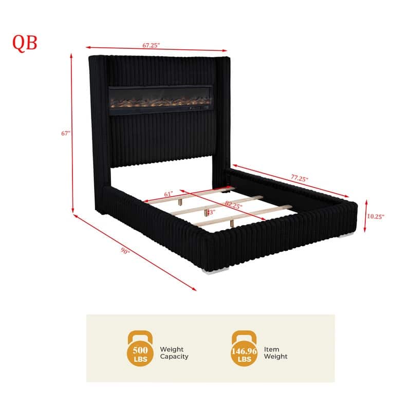 Best Master Furniture Noemie Luxe Modern Upholstered Velvet Panel Bed with Integrated Fireplace Display