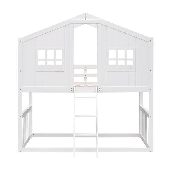 slide 2 of 12, White Wood Twin Bunk Bed wSemi-enclosed House Frame, Windows, Ladder White - Twin
