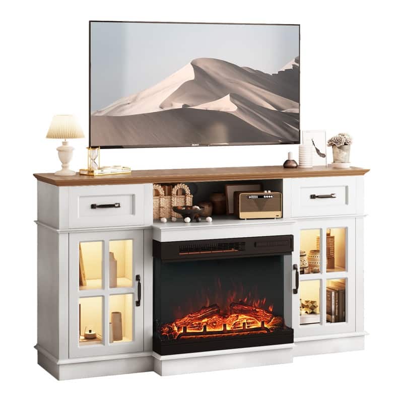 Farmhouse 58'' TV Stand For Tvs Up To 70'' With Electric Fireplace and Adjustable Shelves with Glass Door