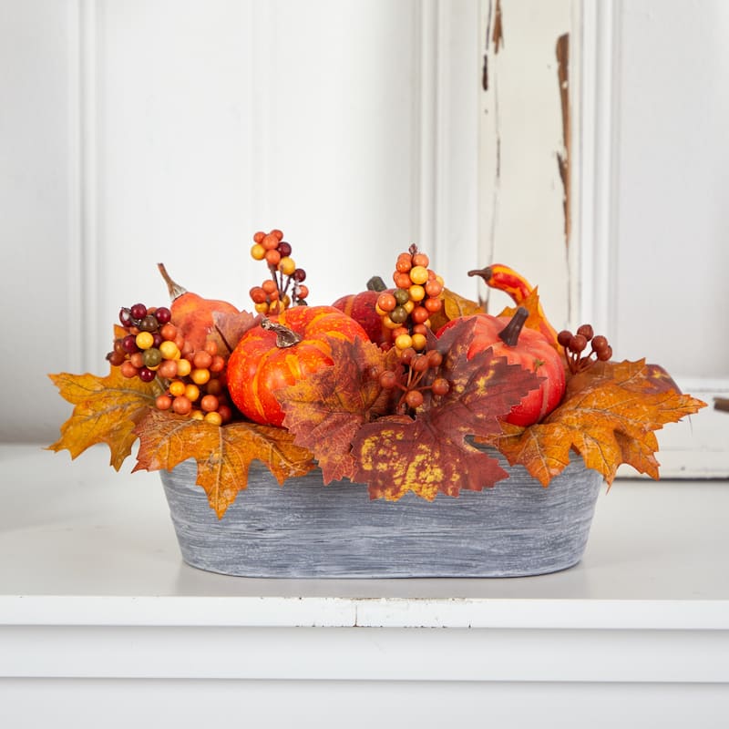 12” Artificial Pumpkins Harvest Arrangement in Washed Vase