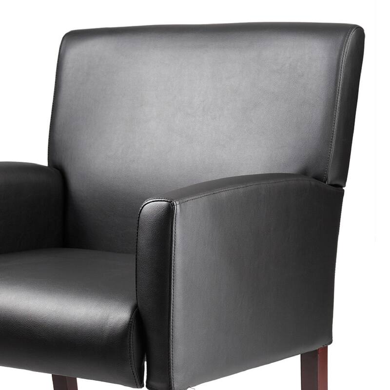 Nick Reception Guest Armchair, Soft Black Vinyl, Mahogany Brown Finish