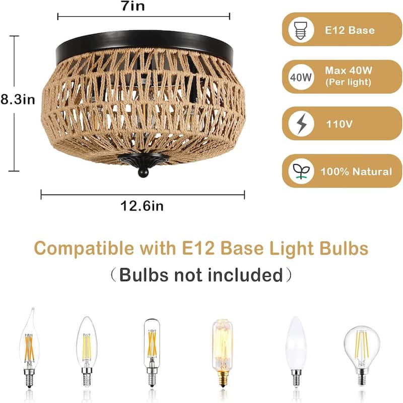 3-Lights Woven Rattan Flush Mount Ceiling Light Fixture with Hand-Worked Cage Shade for Bedroom, Kitchen, Foyer, Porch
