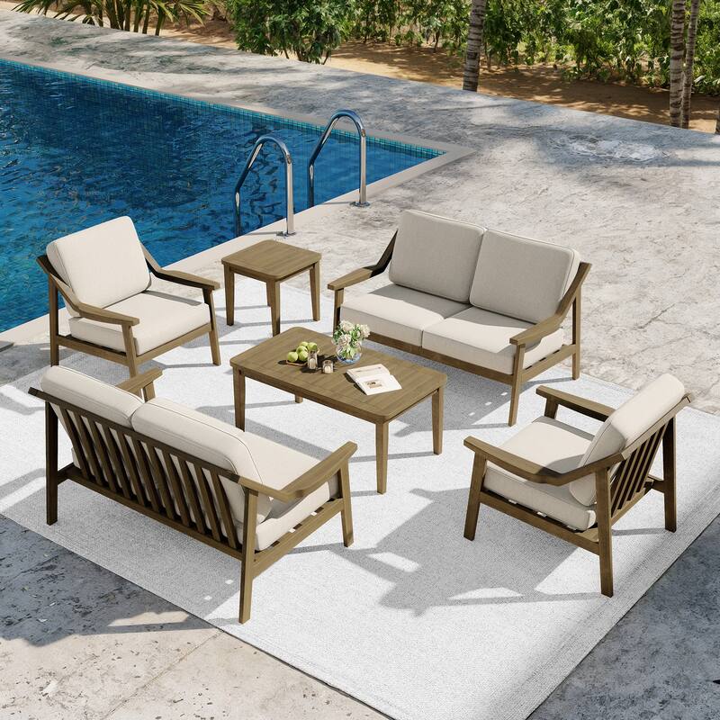 6-piece Adirondack Teak Patio Armchairs Loveseat Seating Conversation Set - NaturalFrame-Light Camel