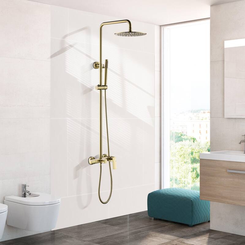 Modland Wall Mounted 3-Way Exposed Install Complete Rain Shower System with High Pressure Showerhead, Black/Gold