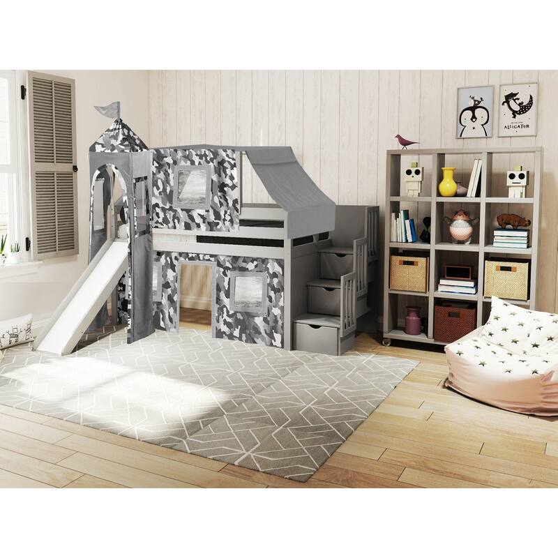 JACKPOT Prince & Princess Low Loft Twin Bed, Stairs Slide Tent & Tower