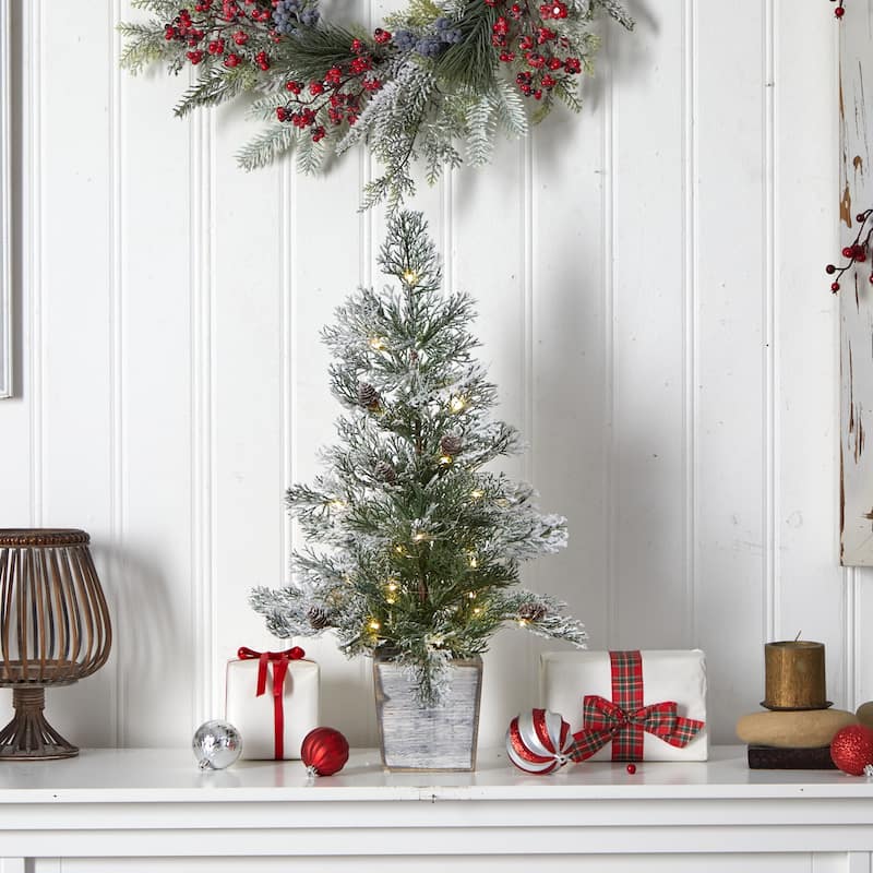 2' Frosted Pre-Lit Christmas Tree with Pinecones in Decorative Planter - 24