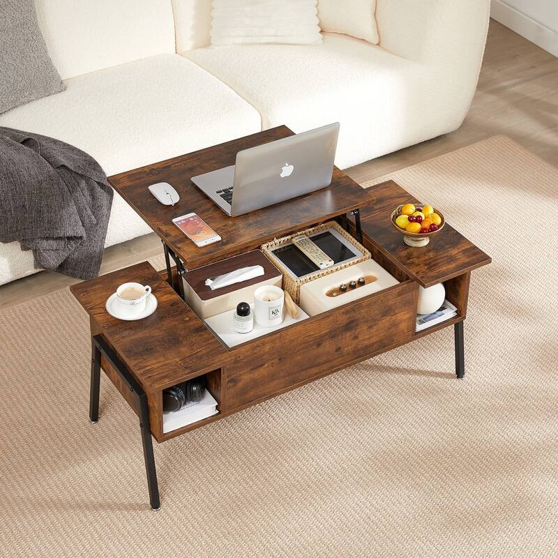 VECELO Modern Lift Top Coffee Table with Hidden Storage 2 Side Shelves Space-Saving Design for Living Room