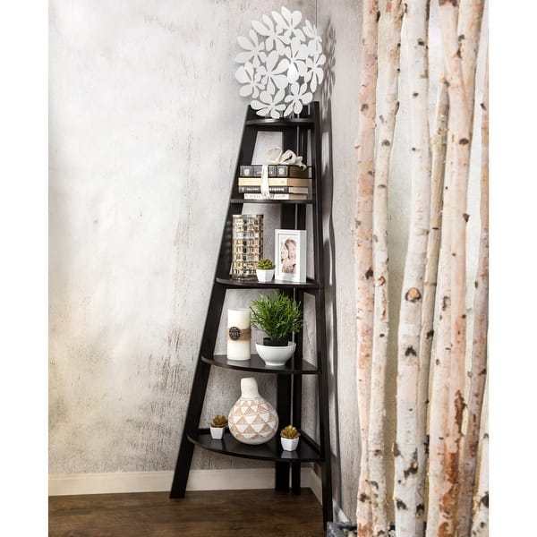 slide 2 of 9, Furniture of America Kiki 5-tier Corner Ladder Display Bookcase Black