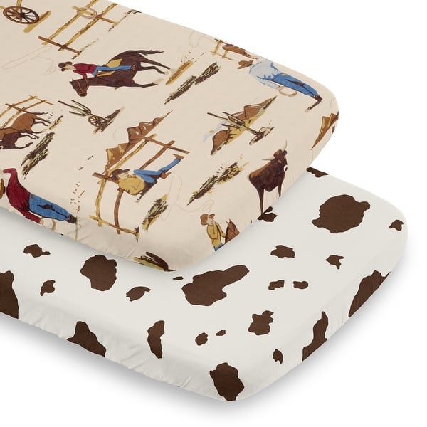 slide 2 of 6, Sweet Jojo Designs Tan Brown Western Cowboy Boy 2 Pack Baby Bassinet Fitted Sheets Off White Cow Print Animal Wild West Horse