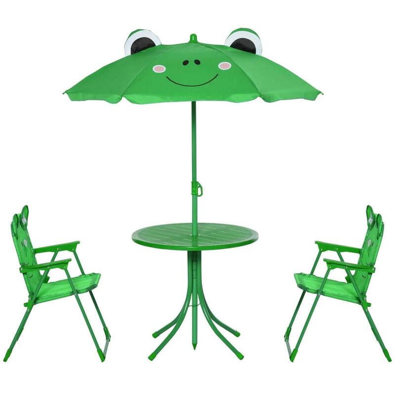 Folding Kids Picnic Table Set,Frog Pattern,Adjustable Umbrella,Garden