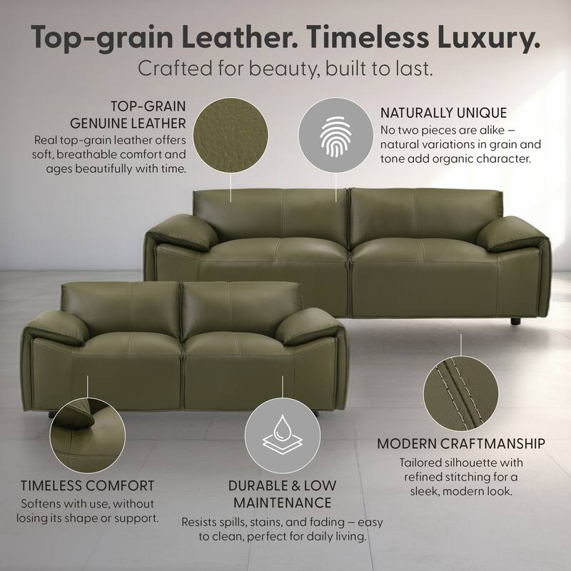 Tanner Top Grain Leather Loveseat, Sofa, or Living Room Set with Padded Arms
