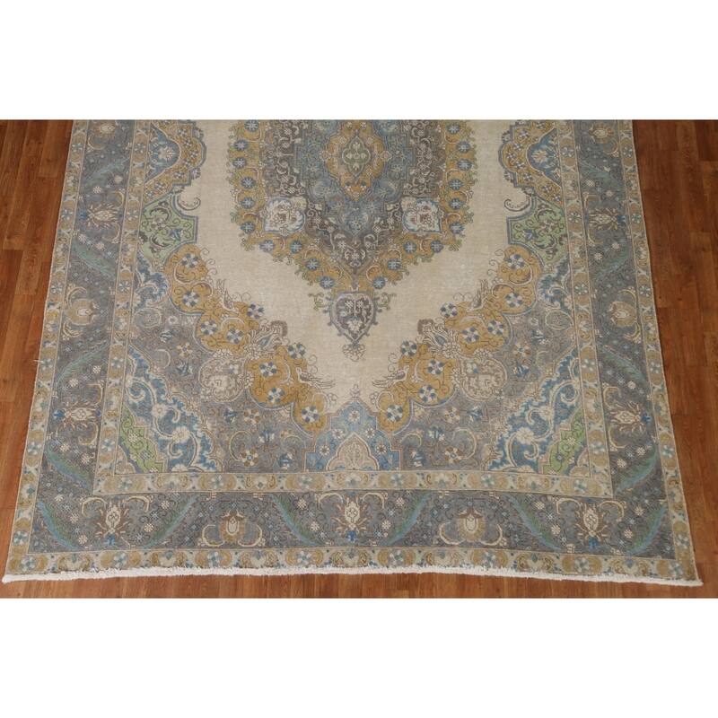 Hand Knotted Oriental 100% Wool Carpet Traditional Medallion Beige & Ivories Tabriz Area Rug - 11' 6'' X 8' 0''