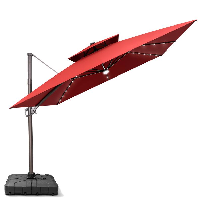 11X11 FT Outdoor Patio Cantilever Umbrella Solar LED Lighted with Wheel Base - Red