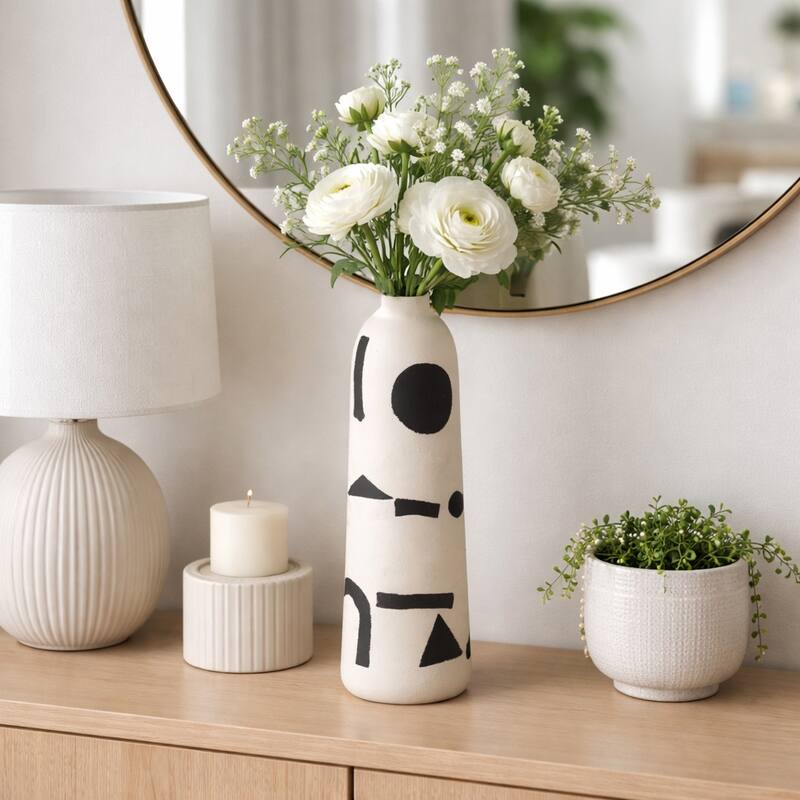 Ceramic Cylinder Geometric Funky Vase - Ivory, 15"