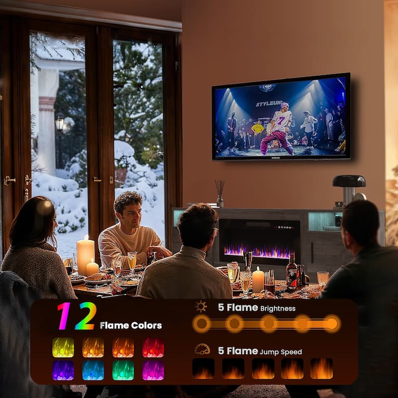 Bossin 80" Fireplace TV Stand with 36" Electric Fireplace, TV Stand for TVs Up to 90", 16 Colors LED Lights/Entertainment Center
