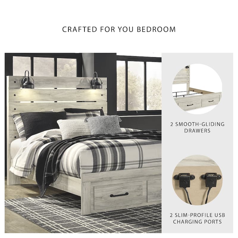 Cambeck Whitewashed Panel Bed w/ 2 Footboard Storage Drawers