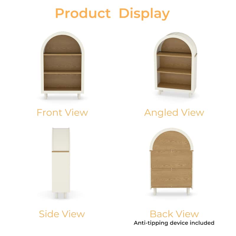 Anmytek Arched 3-Tier Bookcase, White with Woodgrain Shelves, Modern Storage Cabinet for Living Room Bedroom Entryway