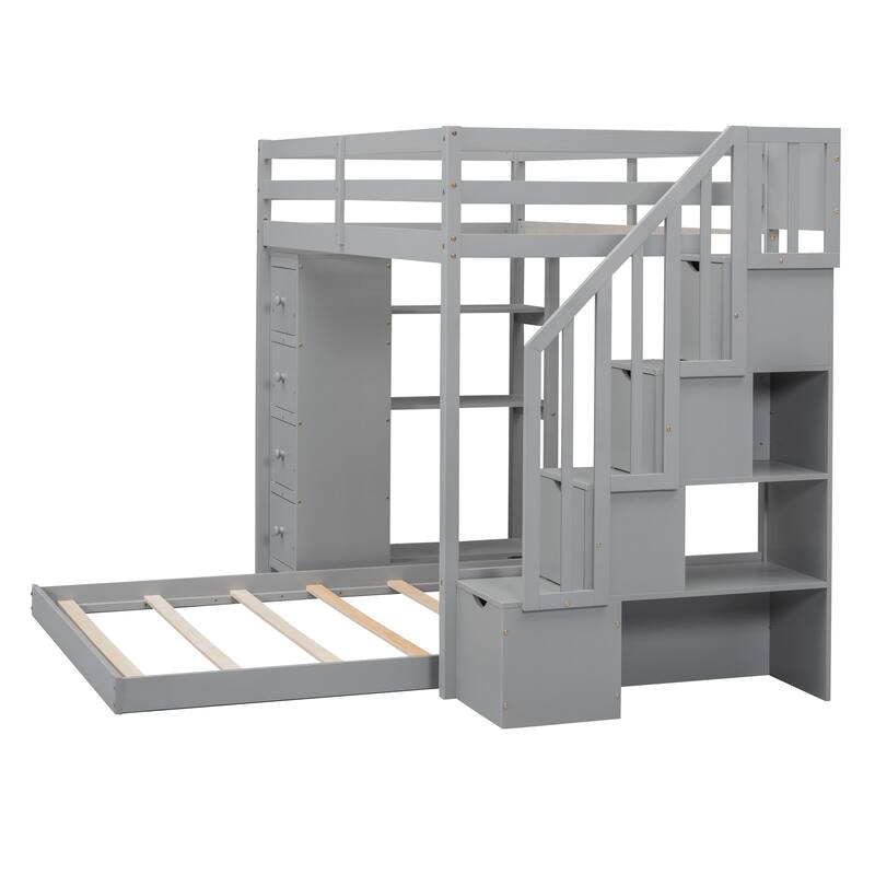 L-Shape Floor Bunk Bed w/Storage Stairs, 4 Drawers, Shelves - Twin Over Full