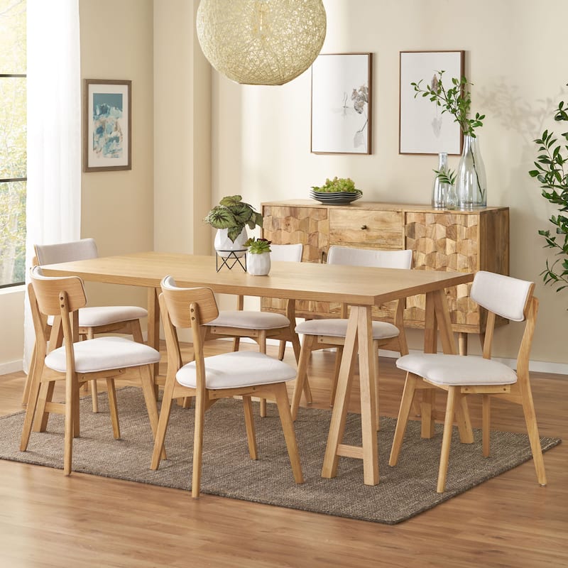 Chazz Mid-Century Modern 7 Piece Dining Set with A-Frame Table by Christopher Knight Home - Light Beige + Natural Oak