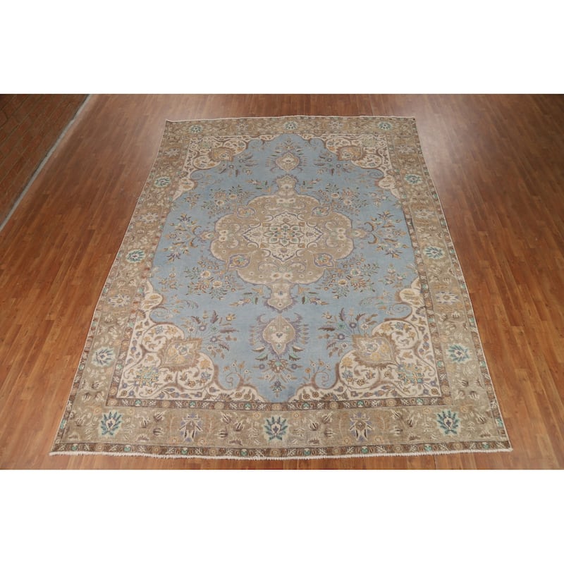 Light Blue Tabriz Persian Rug Traditional Hand-Knotted Wool Carpet - 9'9"x 12'9"