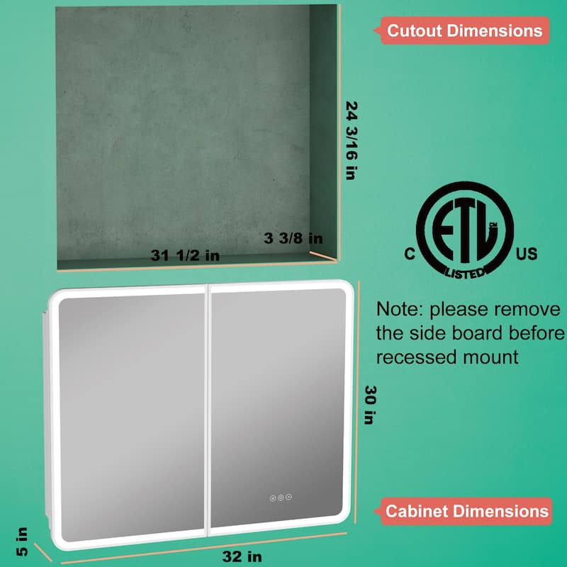 Milo LED Iron Medicine Cabinet with Mirror, Dimmable, Anti-fog, Adjustable Glass Shelves, Recessed or Surface Mount