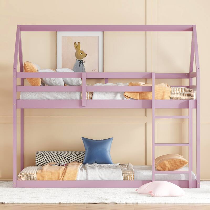 House-shaped Bed Frame, Twin Over Twin Low Bunk Bed with House Roof, No Slats Floor Bed, Ladder and Guardrails, Floor Bunk Bed