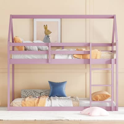 Twin Over Twin Floor Bunk Bed with Shaped Design Ladder & Guardrails (200lb Capacity)