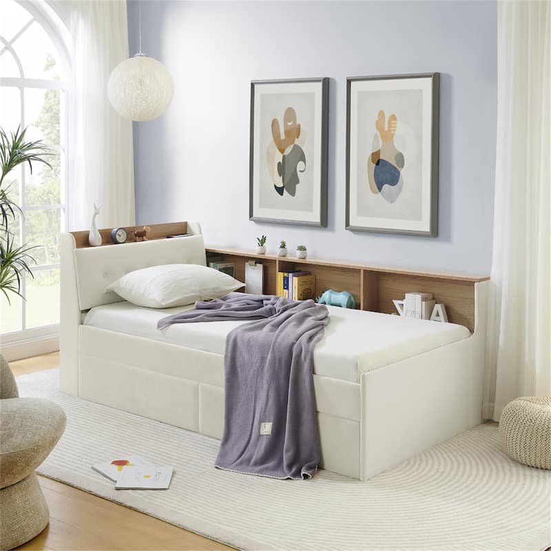 Twin Size Velvet Daybed with Wireless Charging Headboard - Beige