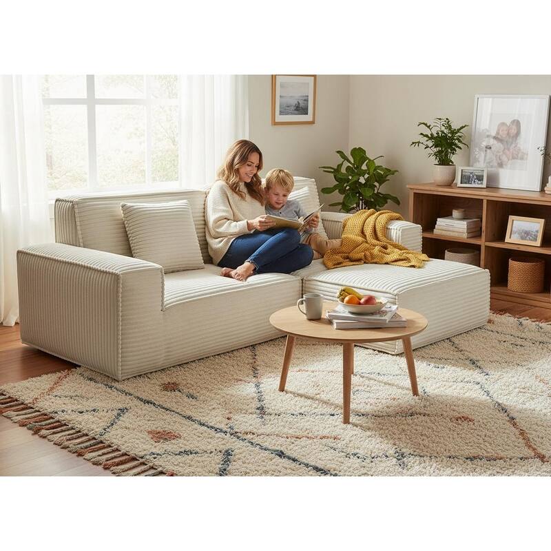 Anmytek Modern Large Striped Vacuum Compressed Full Sponge High Rebound Straight Sofa with Footstool Beige