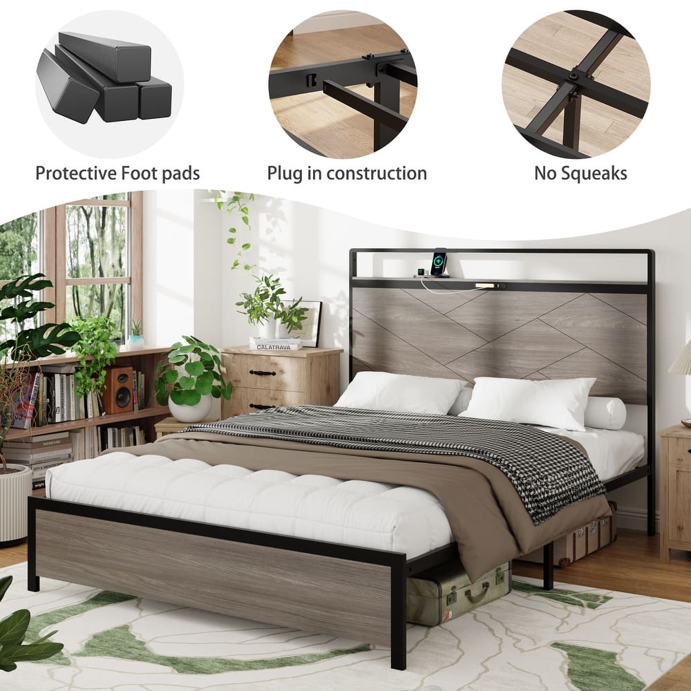 Wooden Platform Bed Frame with Charging Station and Touch Lamp