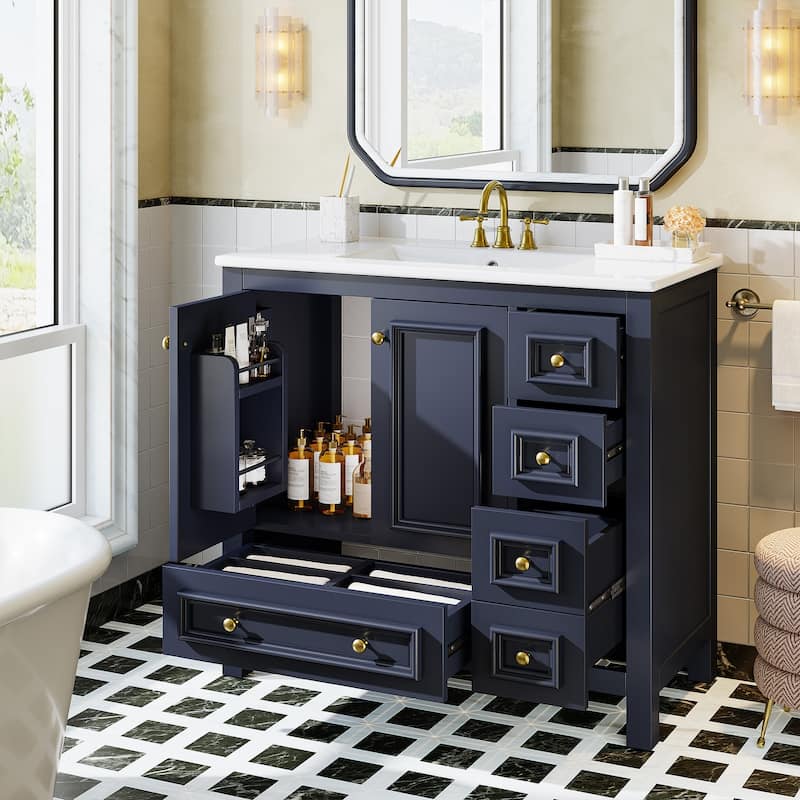 Bathroom Vanity with Sink, Solid Wood Frame Freestanding Vanity with Door Organizer and Drawer