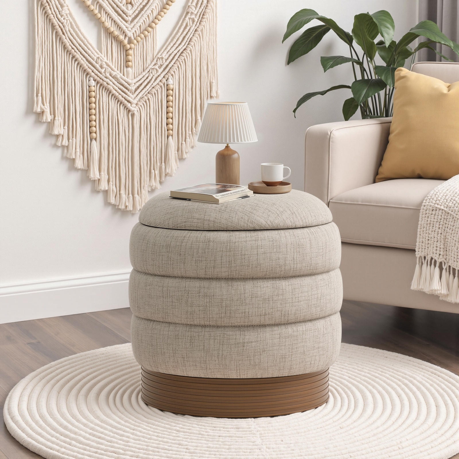 Round Swivel Storage Ottoman Footrest Linen Upholstered Accent Seat with Tray Top, Fully Assembled and Acacia Wood