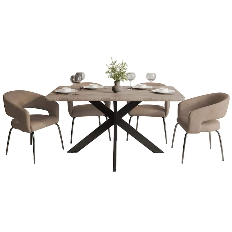 Ravenna 5-Piece Dining Set 63-Inch Rectangular MDF Tabletop Dining Table and 4 Arm Chairs - Light Taupe Leather