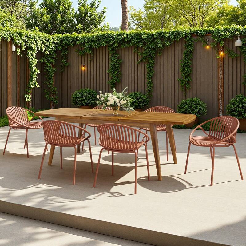 7-Piece Outdoor Extendable Dining Set with Extendable Acacia Wood Table and 6 Stackable Chair - Orange,Teak