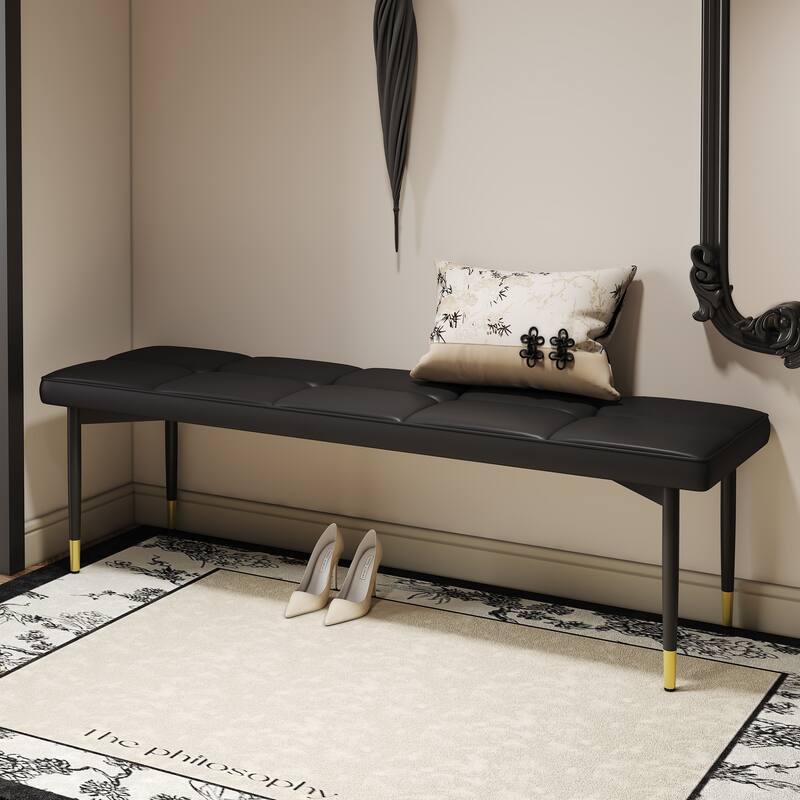 Roomfitters 47"/59" PU Shoe Bench with Gold Metal Legs, Entryway Seat for Bedroom, Living Room and Hallway, Black